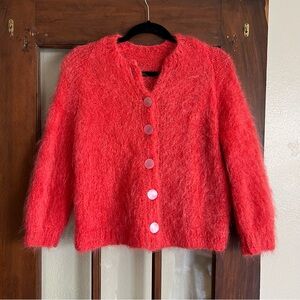 Vtg Rose Red Fuzzy Knit Cardigan (S)